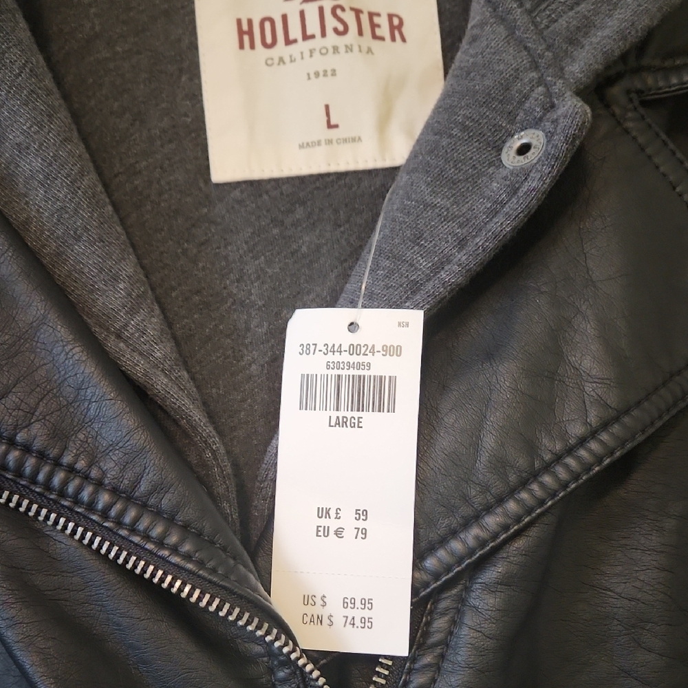 Hollister Women's Black Leather Jacket with Gray Hood - Picture 2 of 7